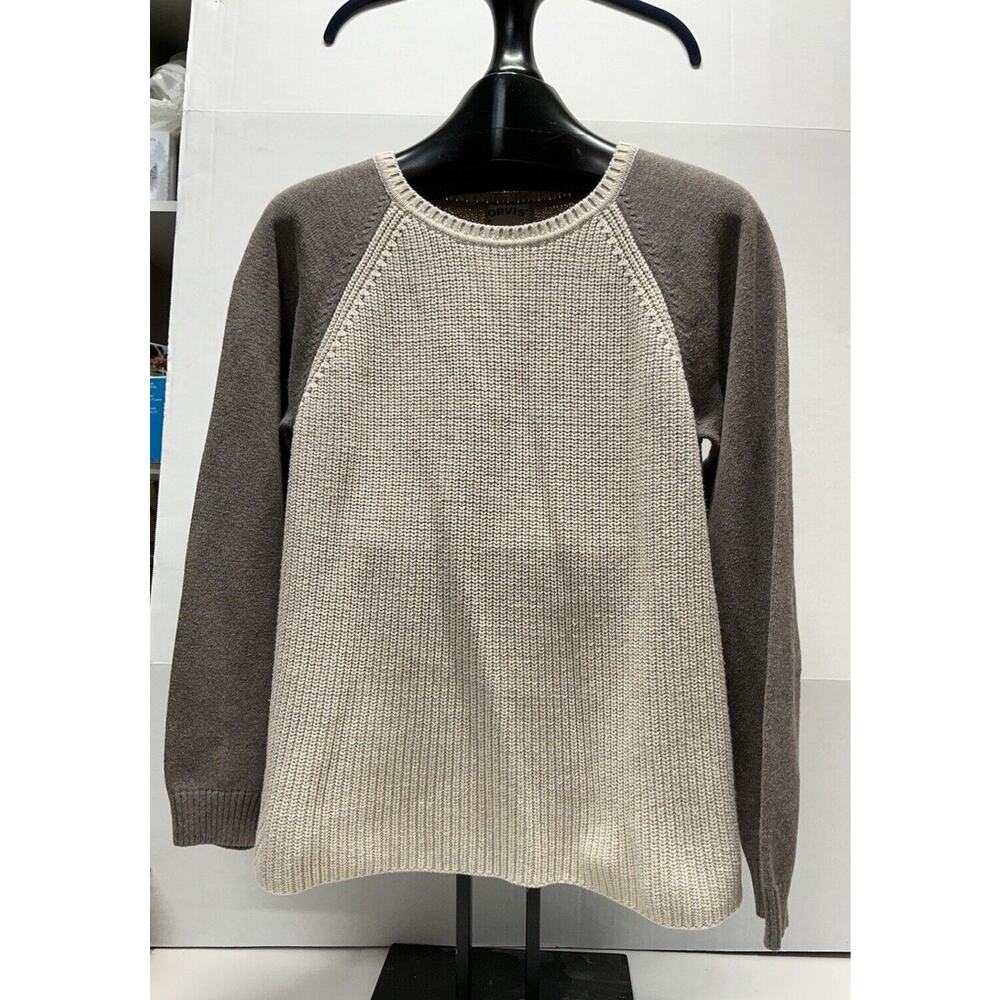 Orvis Sweater Elbow Patches Beige with Gray‎ Arms Women’s L Cotton Knit
